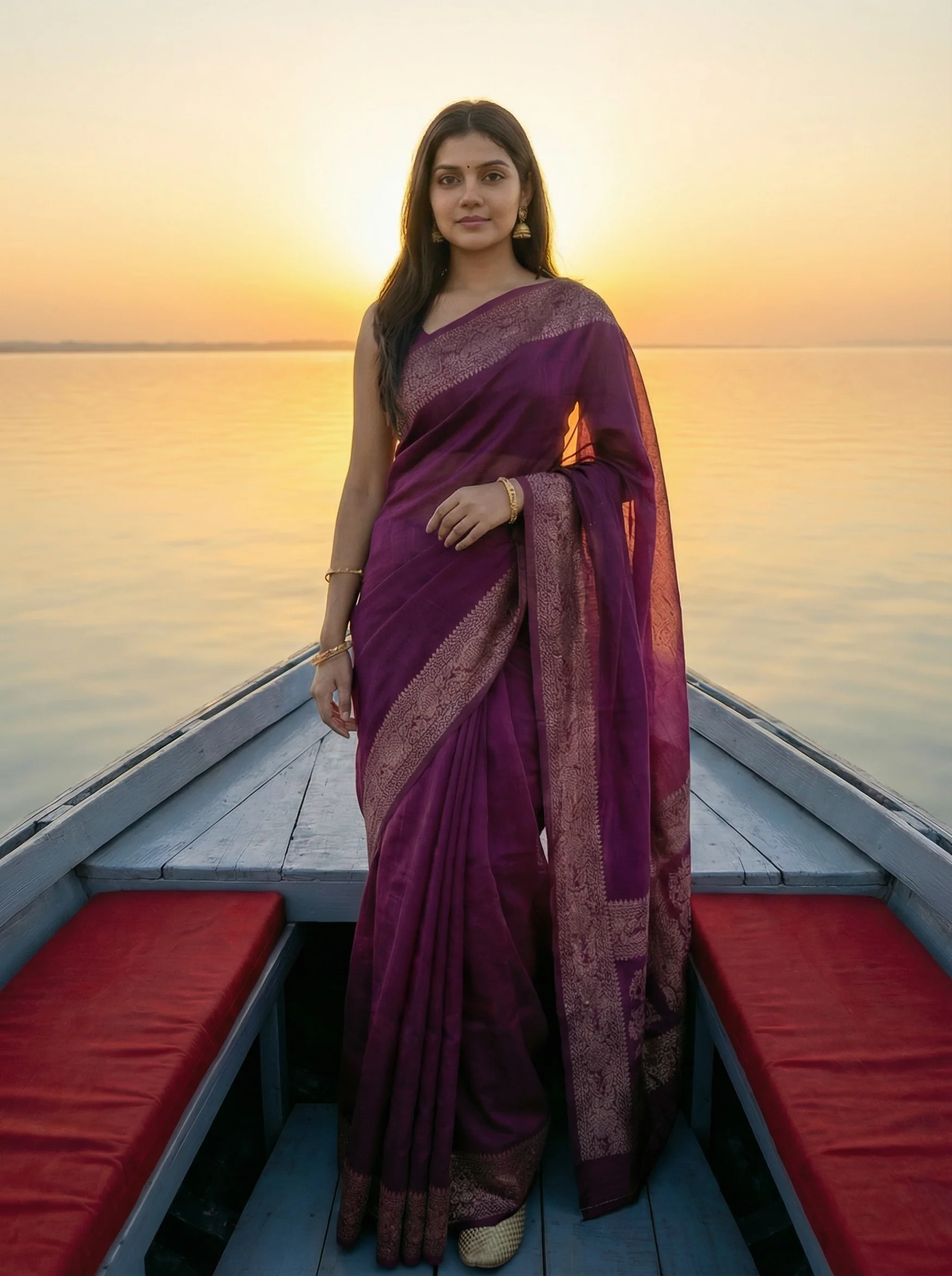 Georgette Banarasi Wine Woven Border Saree