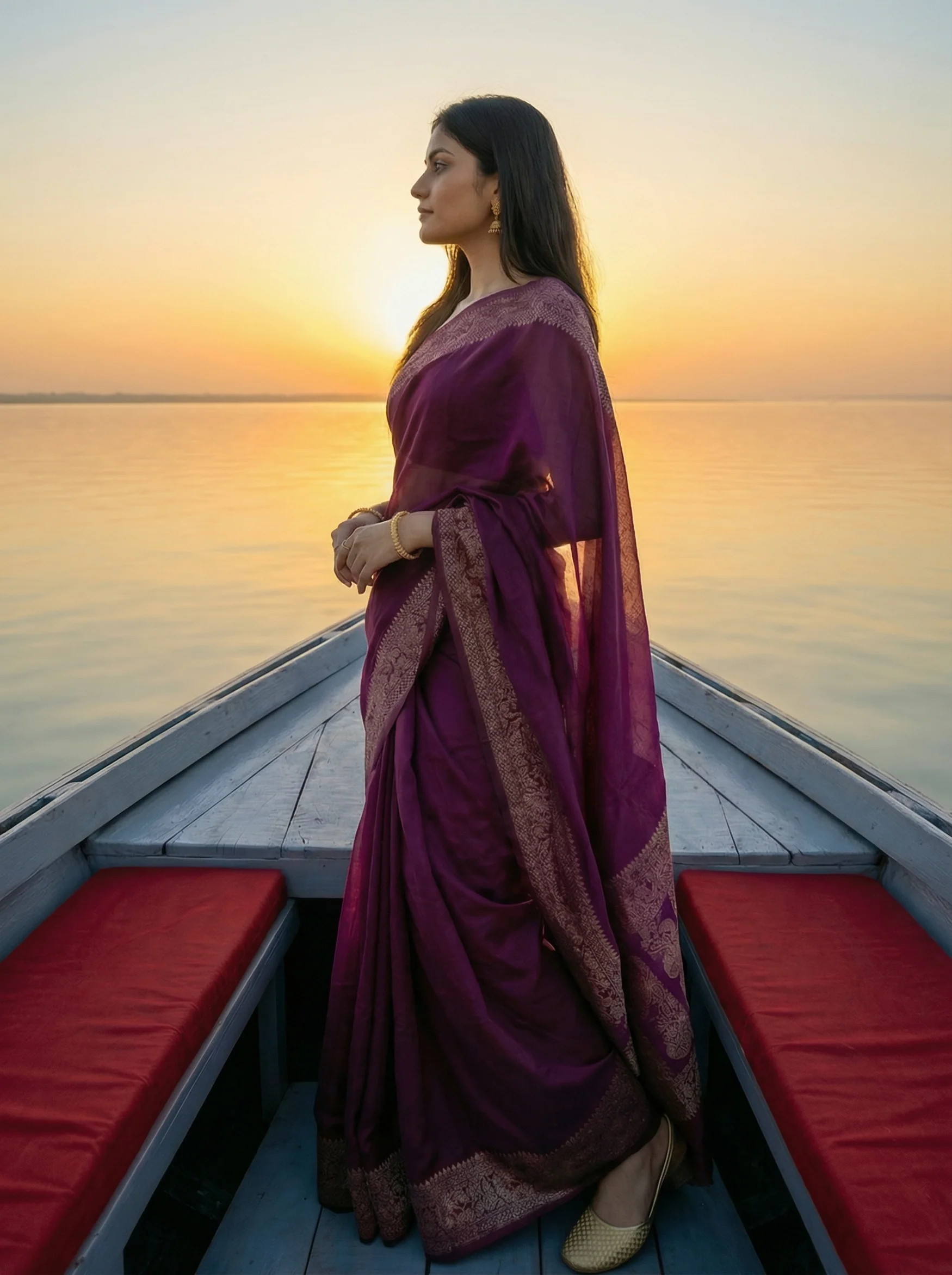 Georgette Banarasi Wine Woven Border Saree