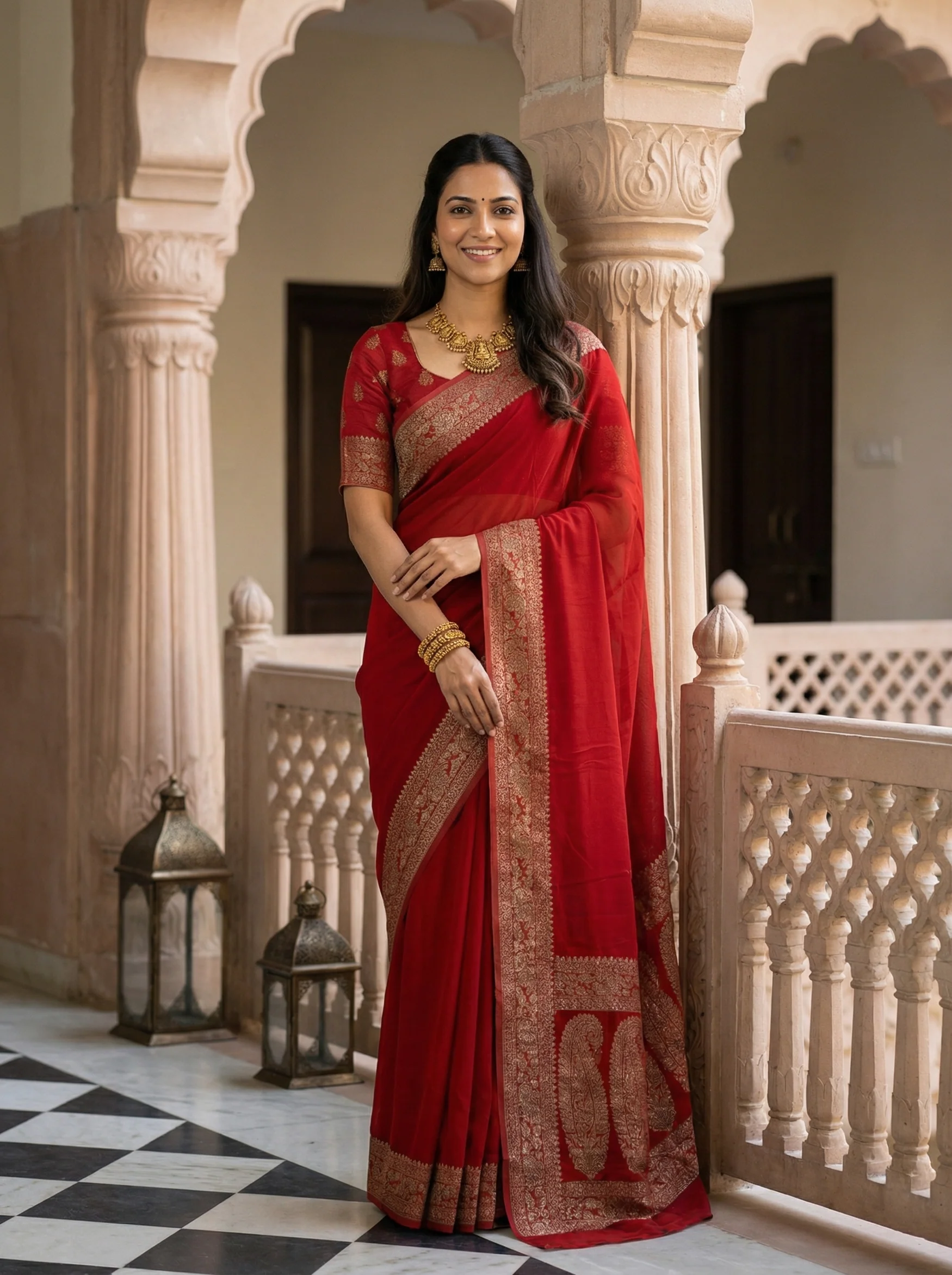 Georgette Banarasi Ember Red Classic Zari Saree