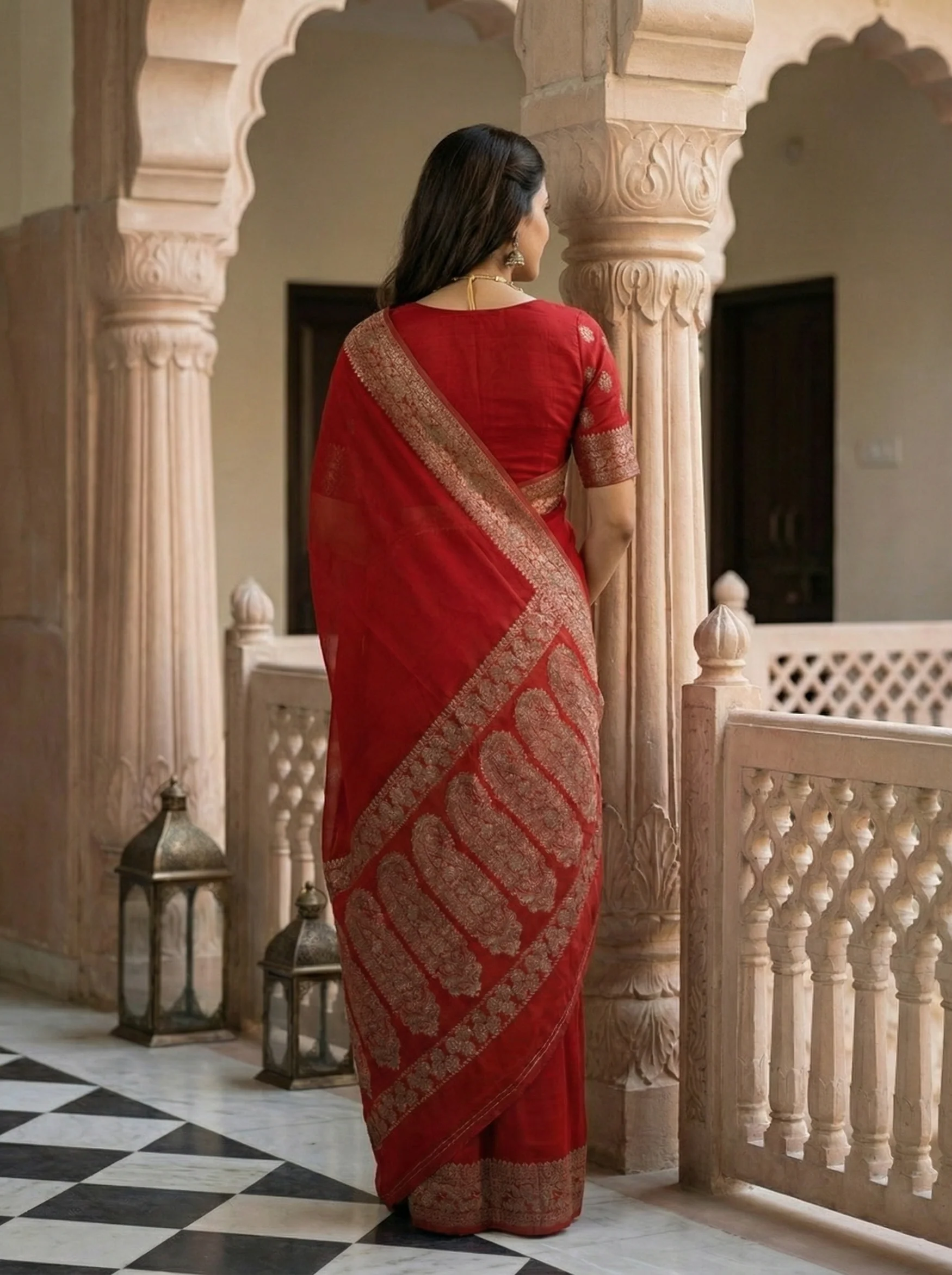 Georgette Banarasi Ember Red Classic Zari Saree (Alternate)