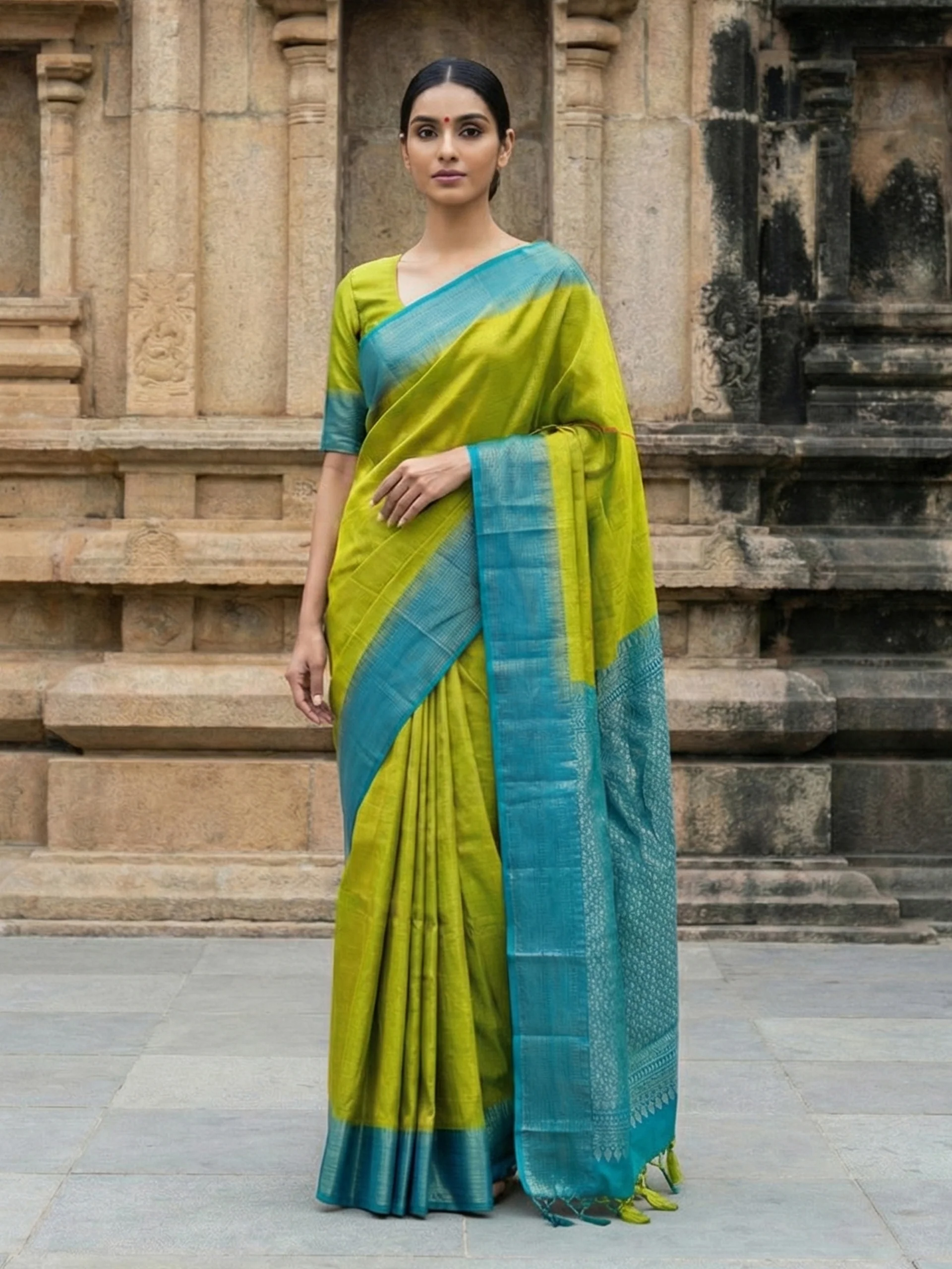 Kanjivaram Self Design Green Teal Saree