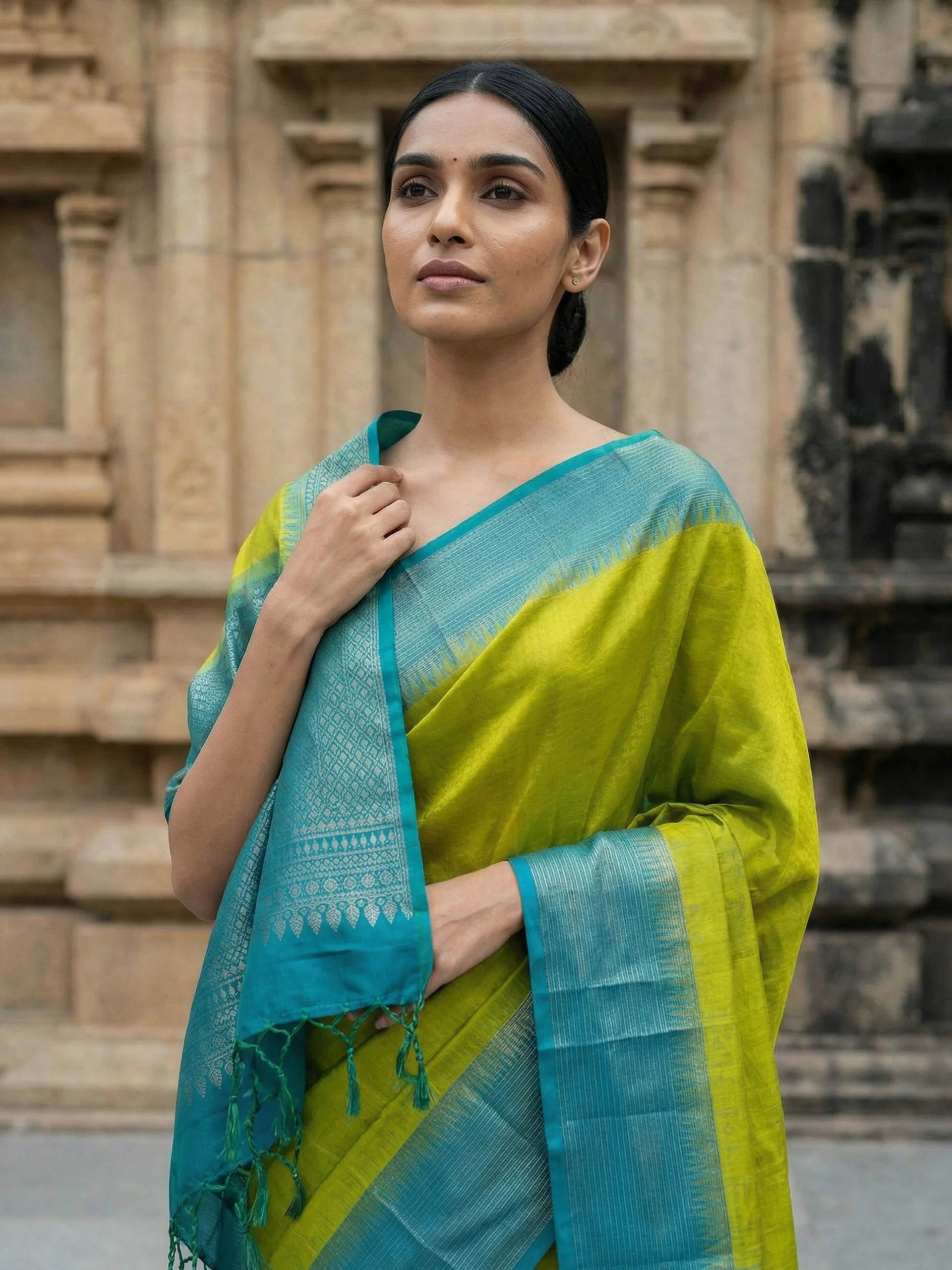 Kanjivaram Self Design Green Teal Saree (Alternate)