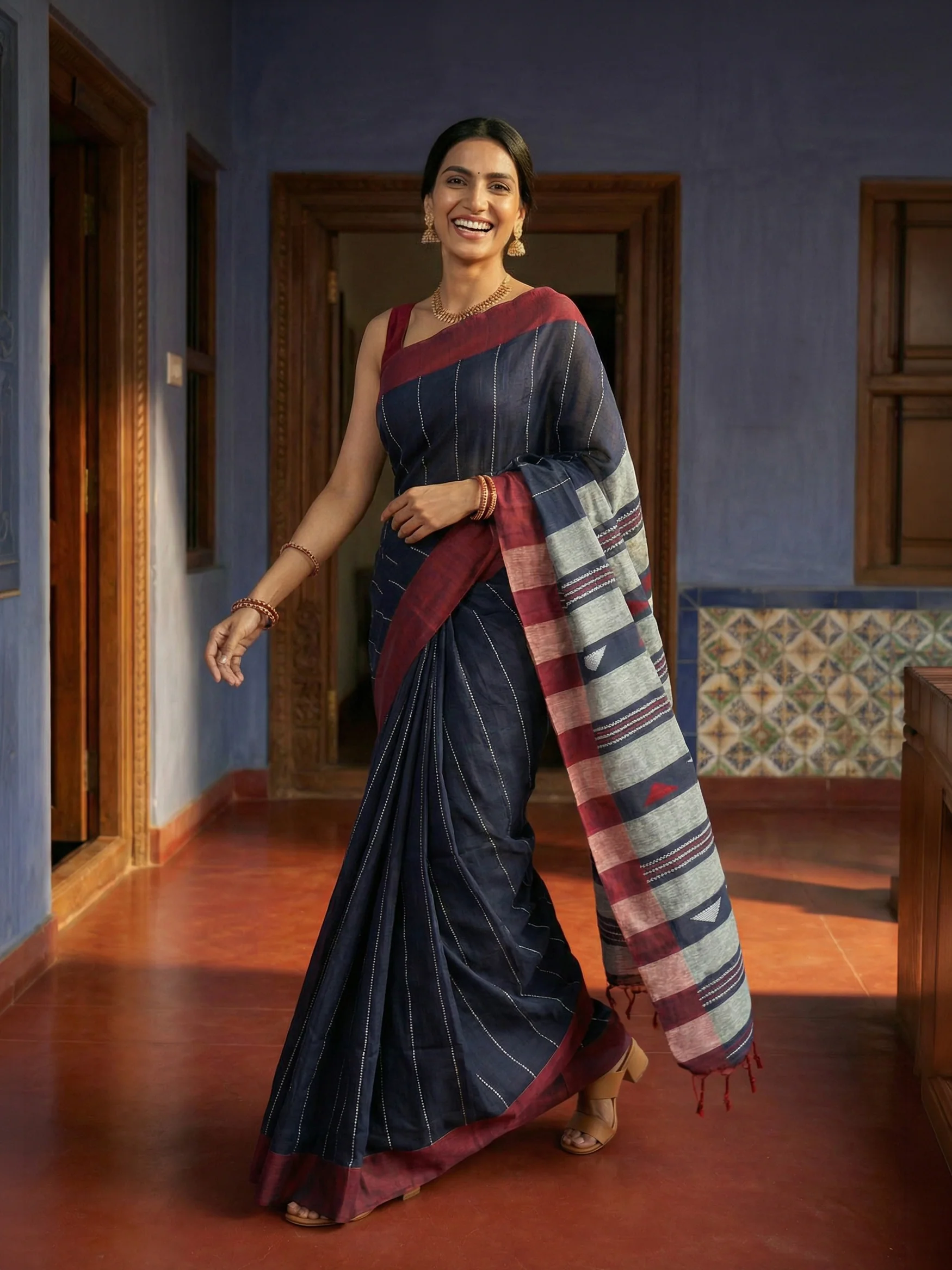 Cotton Navy and Maroon Handloom Style Saree with Designer Pallu