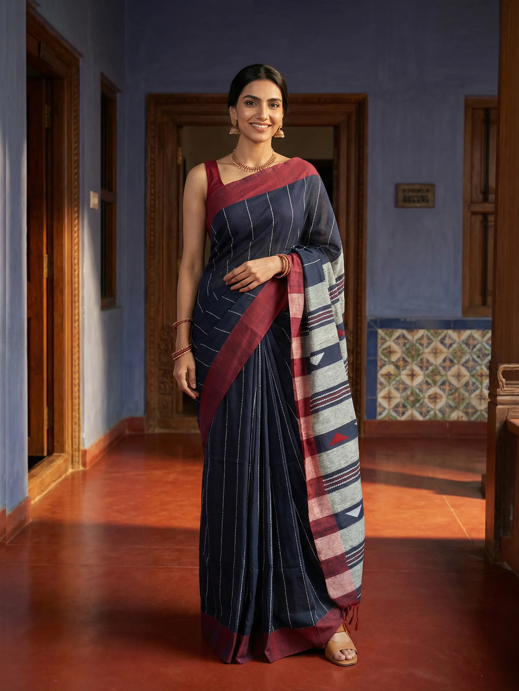 Cotton Navy and Maroon Handloom Style Saree with Designer Pallu