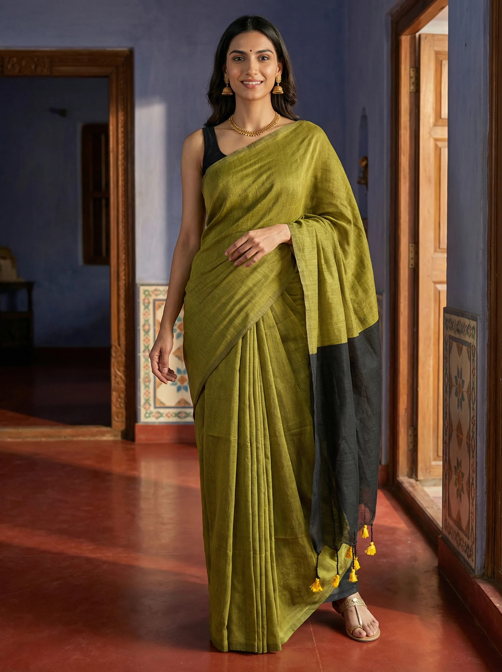 Cotton Contemporary Green Saree with Black Border and Tassels