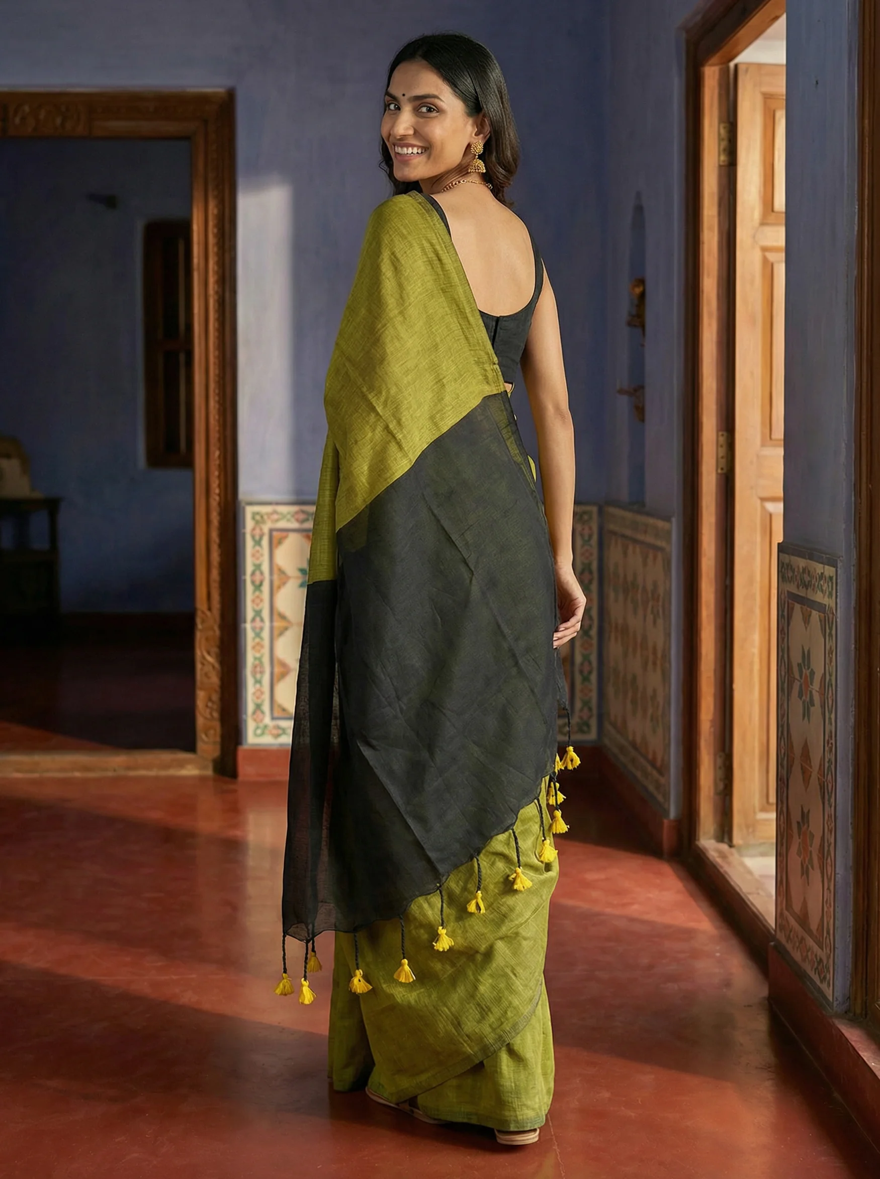 Cotton Contemporary Green Saree with Black Border and Tassels