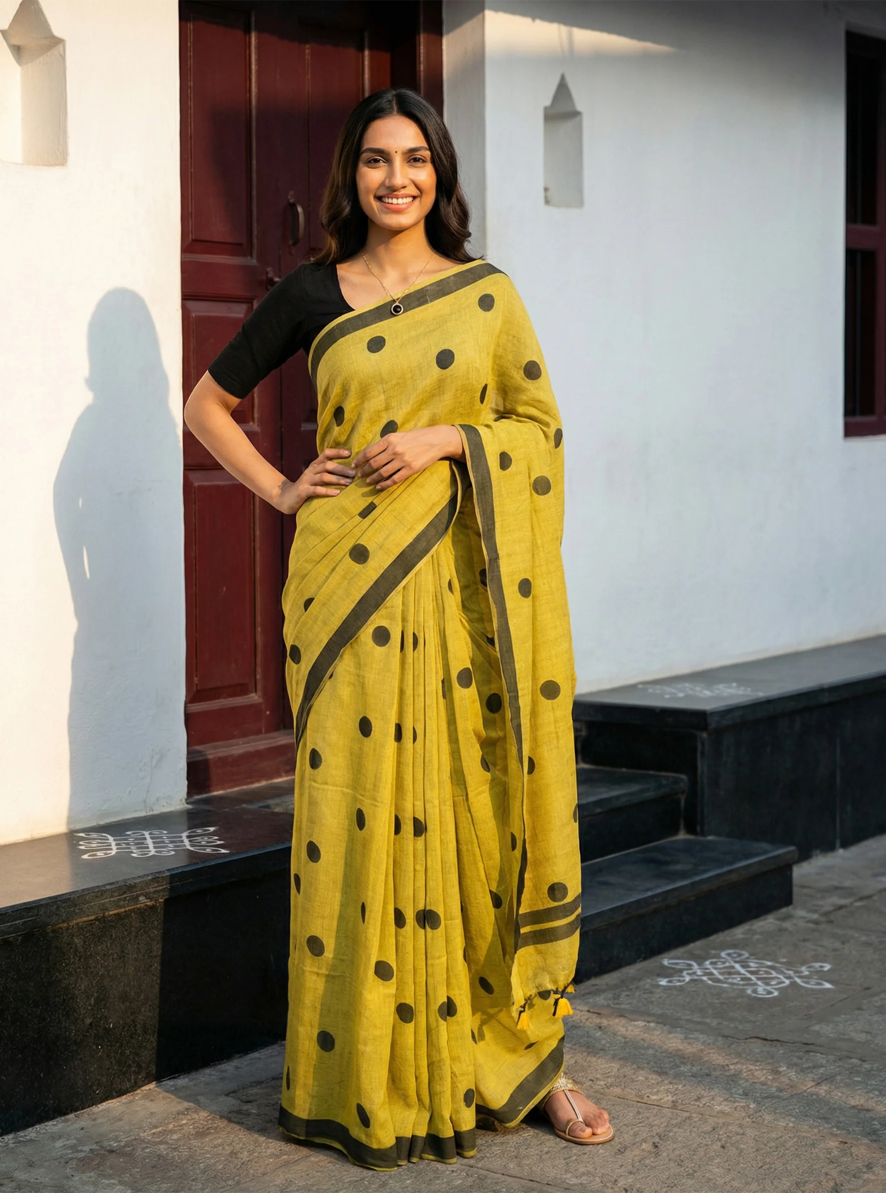 Cotton Mustard Printed Saree with Classic Black Polka Design